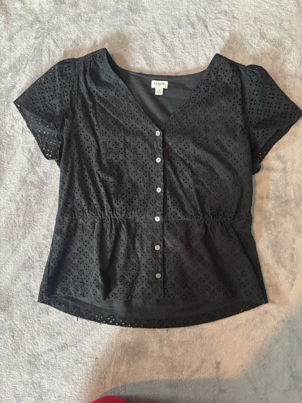 J. Crew Black Eyelet Button-Front Short Sleeve Top with V-Neck